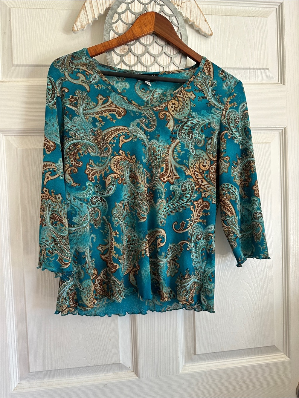 Teal Paisley Long Sleeve Scoop Neck Top Y2K